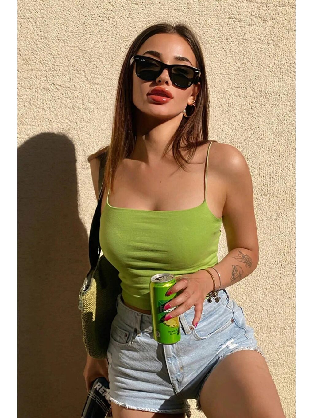 Fıstık Yeşili Pamuklu İp Askılı Crop