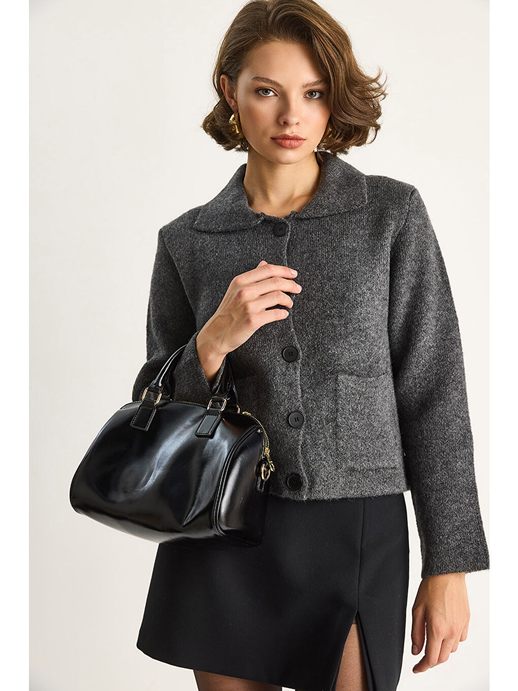 Antrasit Kadın Cepli Hırka-1