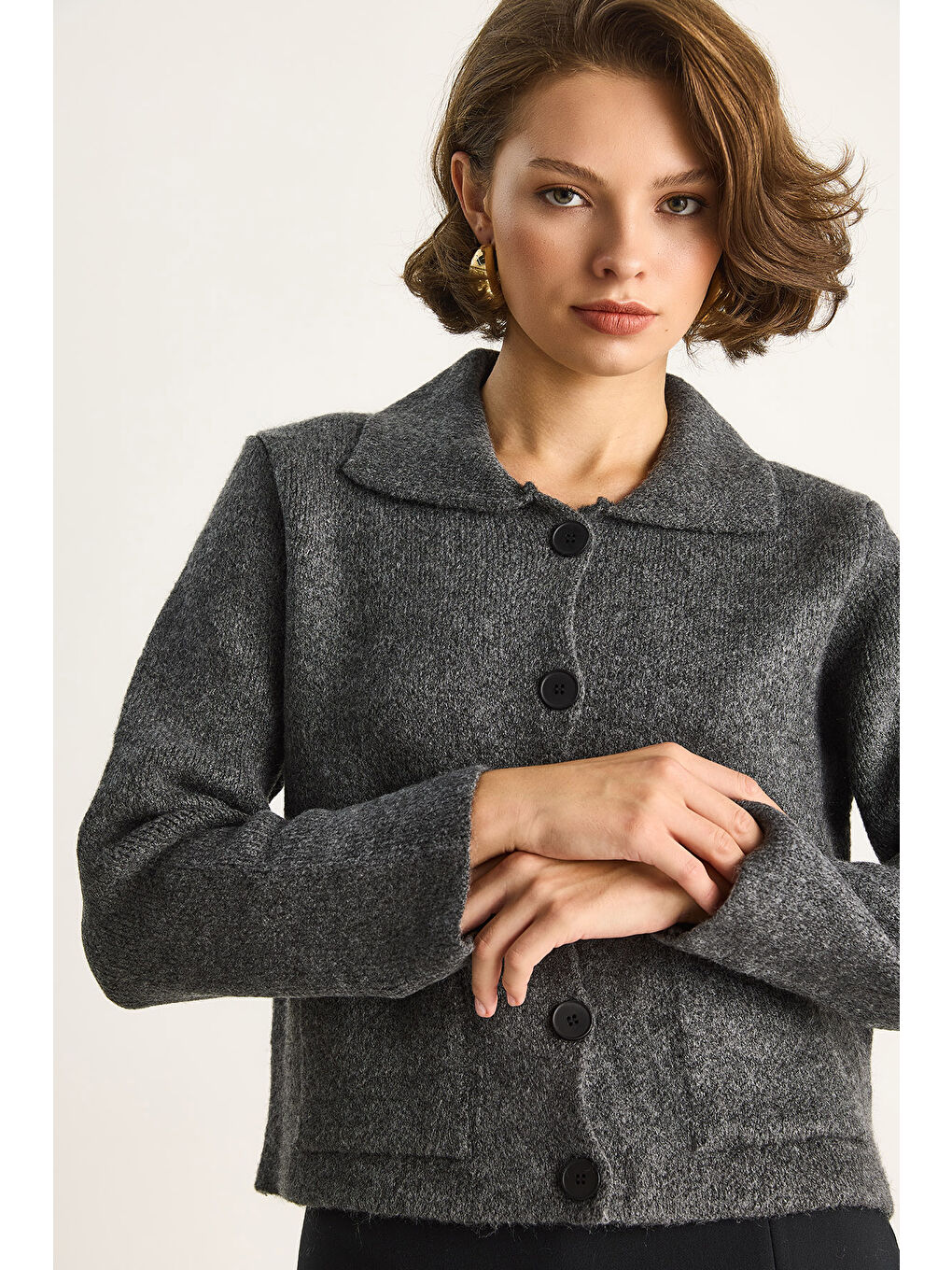 Antrasit Kadın Cepli Hırka-3