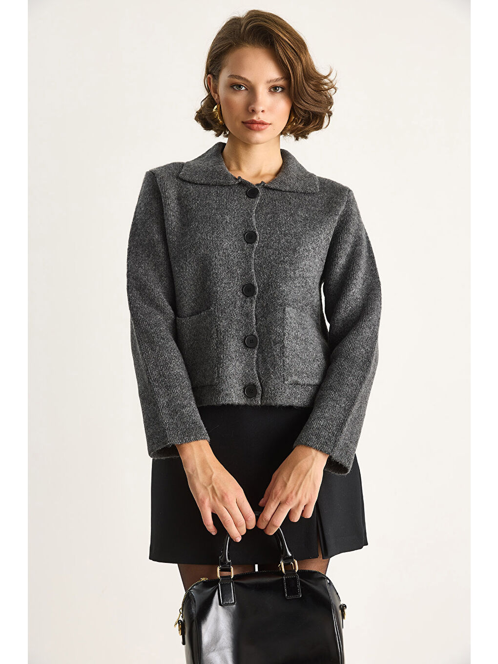 Antrasit Kadın Cepli Hırka-4