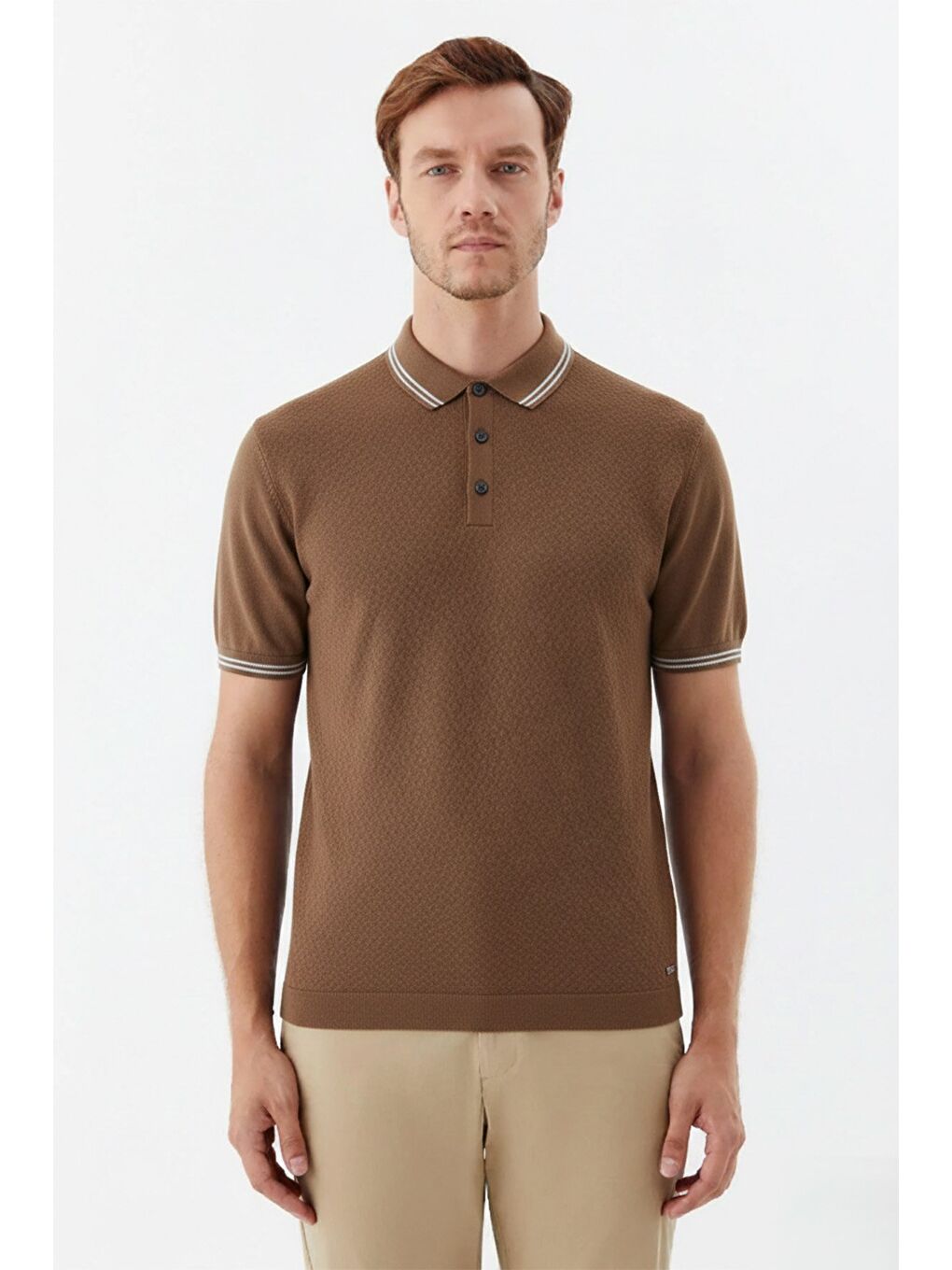 Kahverengi Erkek Kiremit Slim Fit %100 Pamuk Jakarlı Triko Polo Yaka Tişört