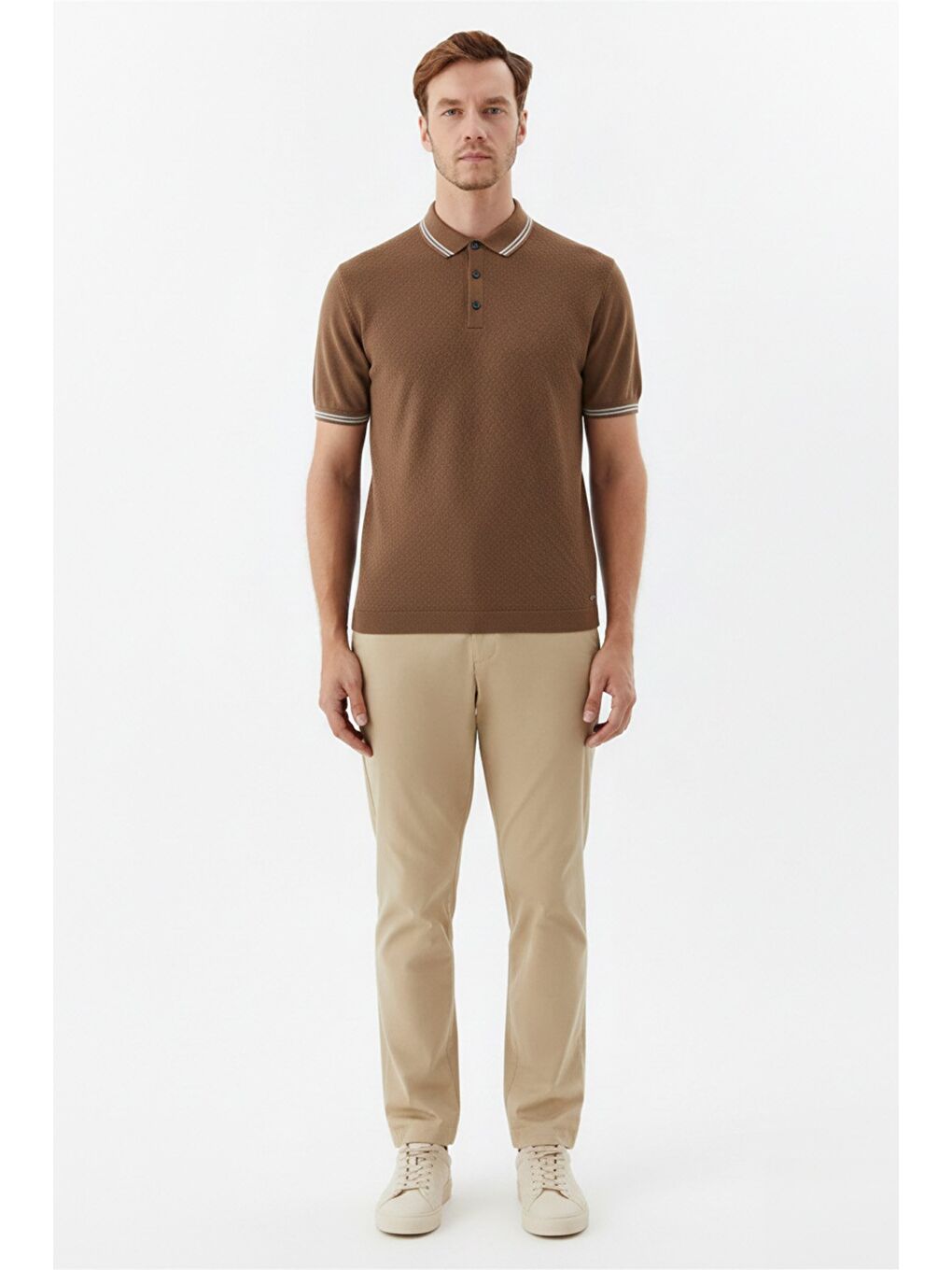 Kahverengi Erkek Kiremit Slim Fit %100 Pamuk Jakarlı Triko Polo Yaka Tişört-1