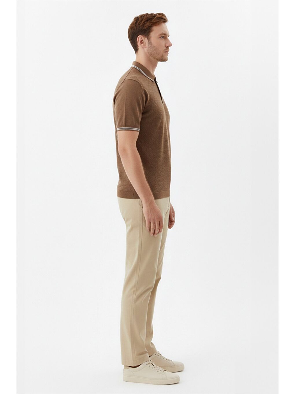 Kahverengi Erkek Kiremit Slim Fit %100 Pamuk Jakarlı Triko Polo Yaka Tişört-2