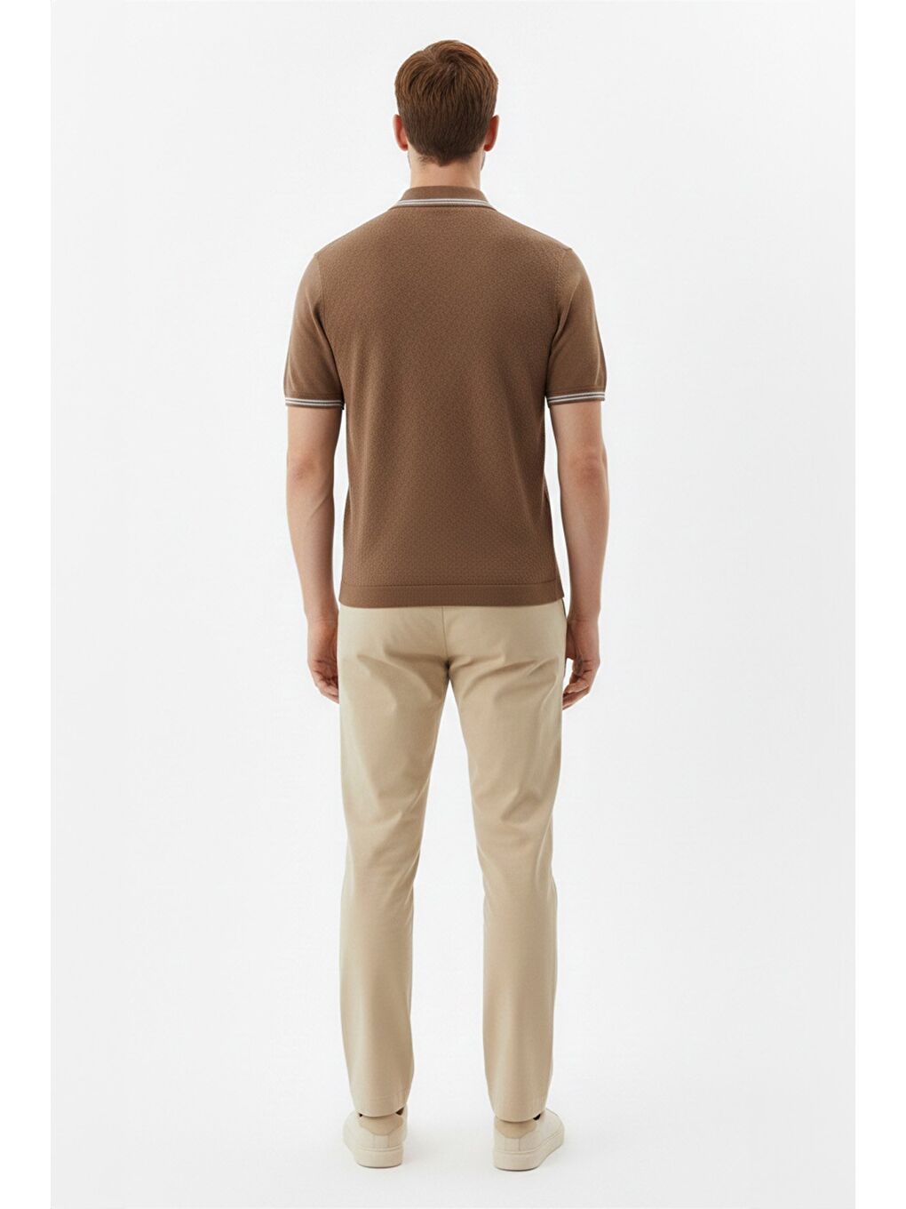 Kahverengi Erkek Kiremit Slim Fit %100 Pamuk Jakarlı Triko Polo Yaka Tişört-3