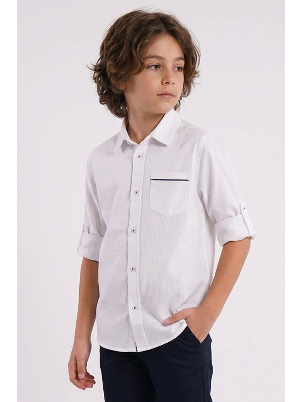 Erkek Çocuk Gömlek Cep Kısmı Kontrast Şerit Detaylı Düğmeli Beyaz (4-8 Yaş)
