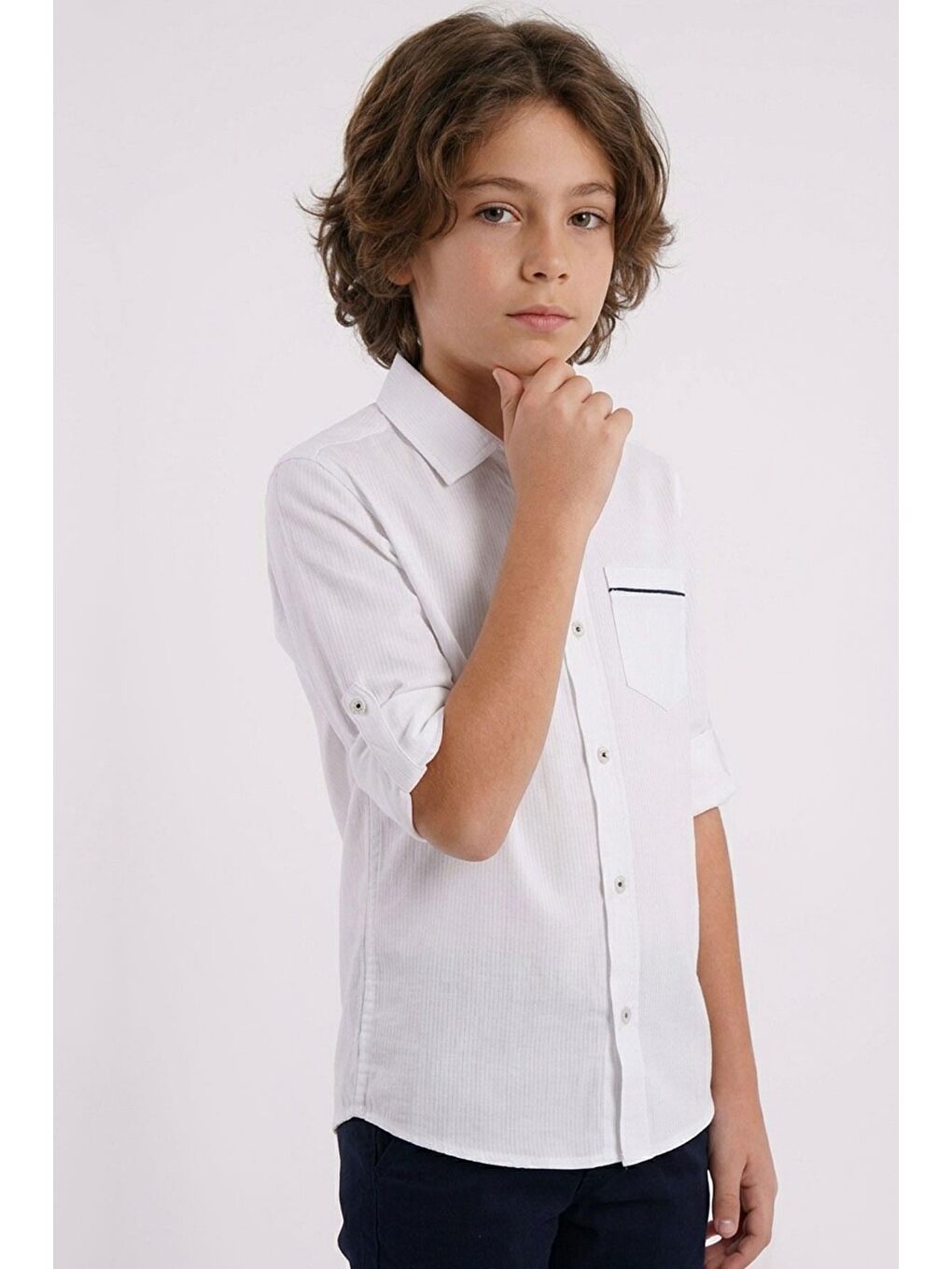 Erkek Çocuk Gömlek Cep Kısmı Kontrast Şerit Detaylı Düğmeli Beyaz (4-8 Yaş)-1