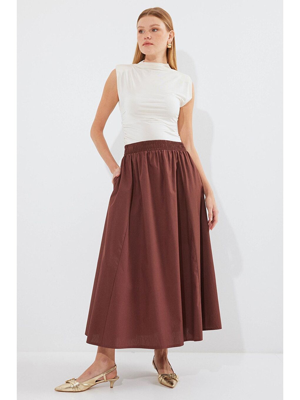 Kadın Cep Detaylı Uzun Etek 8024 - Kahverengi