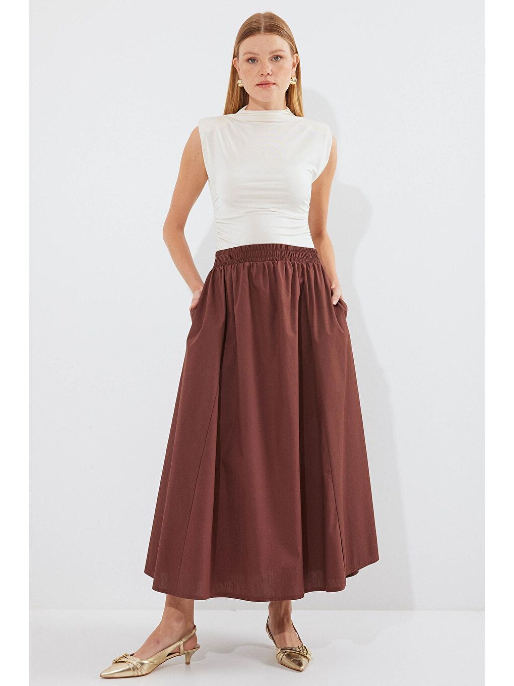 Kadın Cep Detaylı Uzun Etek 8024 - Kahverengi-1