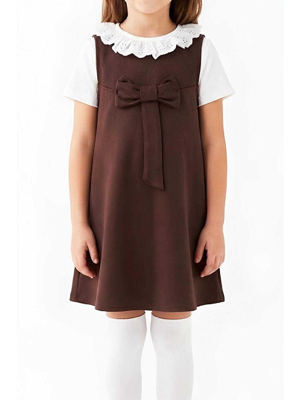 Kahverengi Kız Çocuk 2'li Elbise (Double Face Kumaş Elbise+Nakış Yakalı Bluz) 4-9 Yaş 12563-1