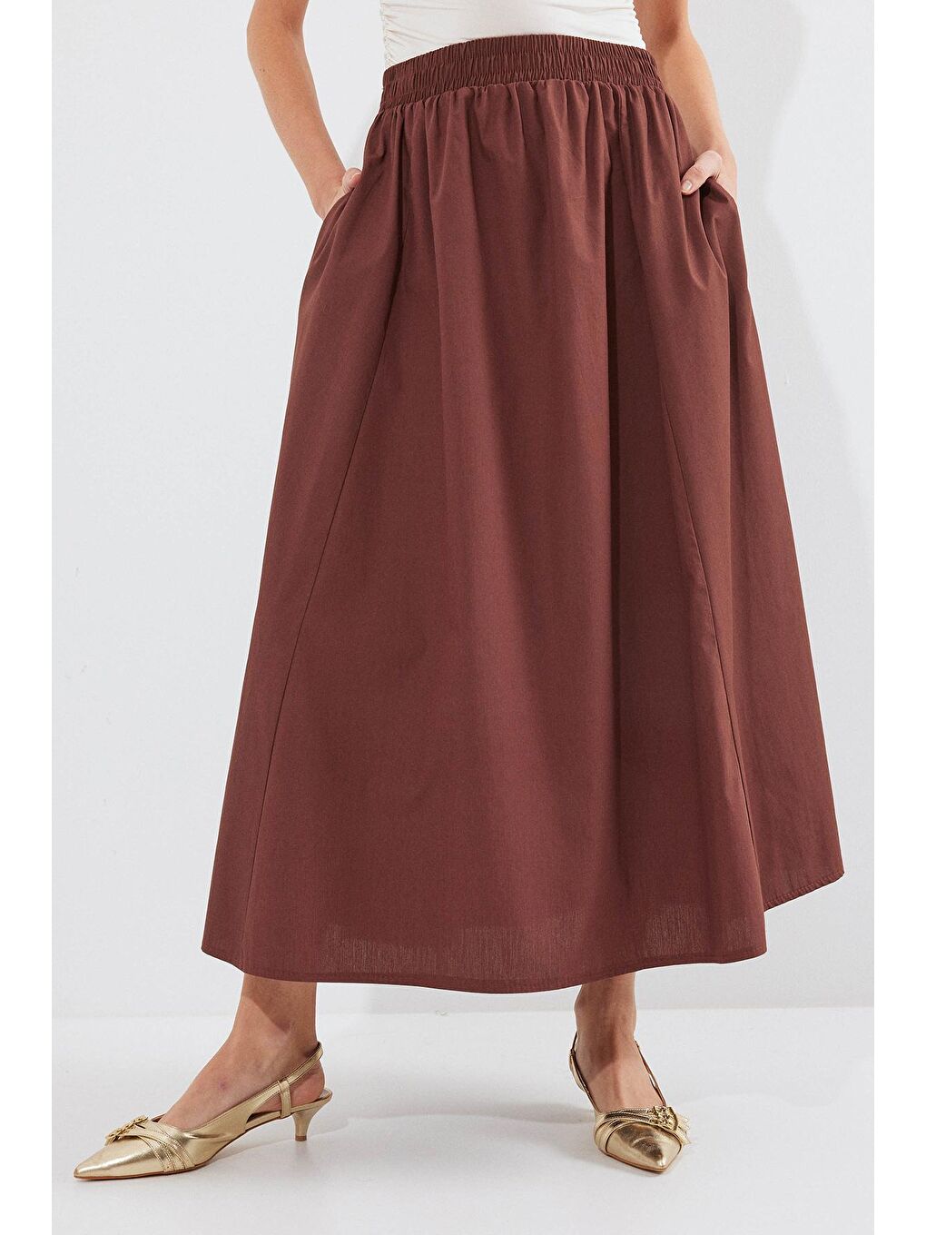 Kadın Cep Detaylı Uzun Etek 8024 - Kahverengi-2