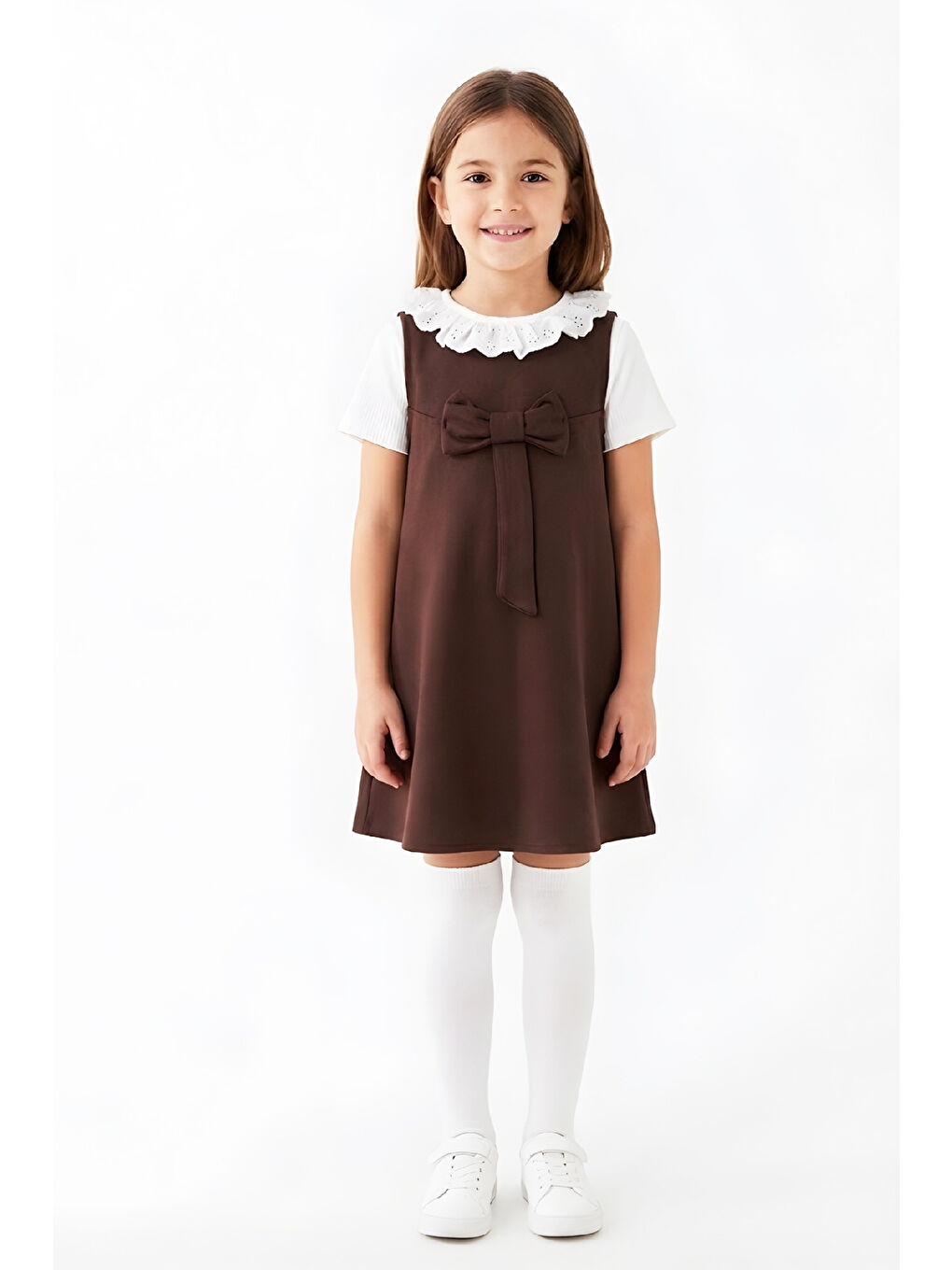Kahverengi Kız Çocuk 2'li Elbise (Double Face Kumaş Elbise+Nakış Yakalı Bluz) 4-9 Yaş 12563-2