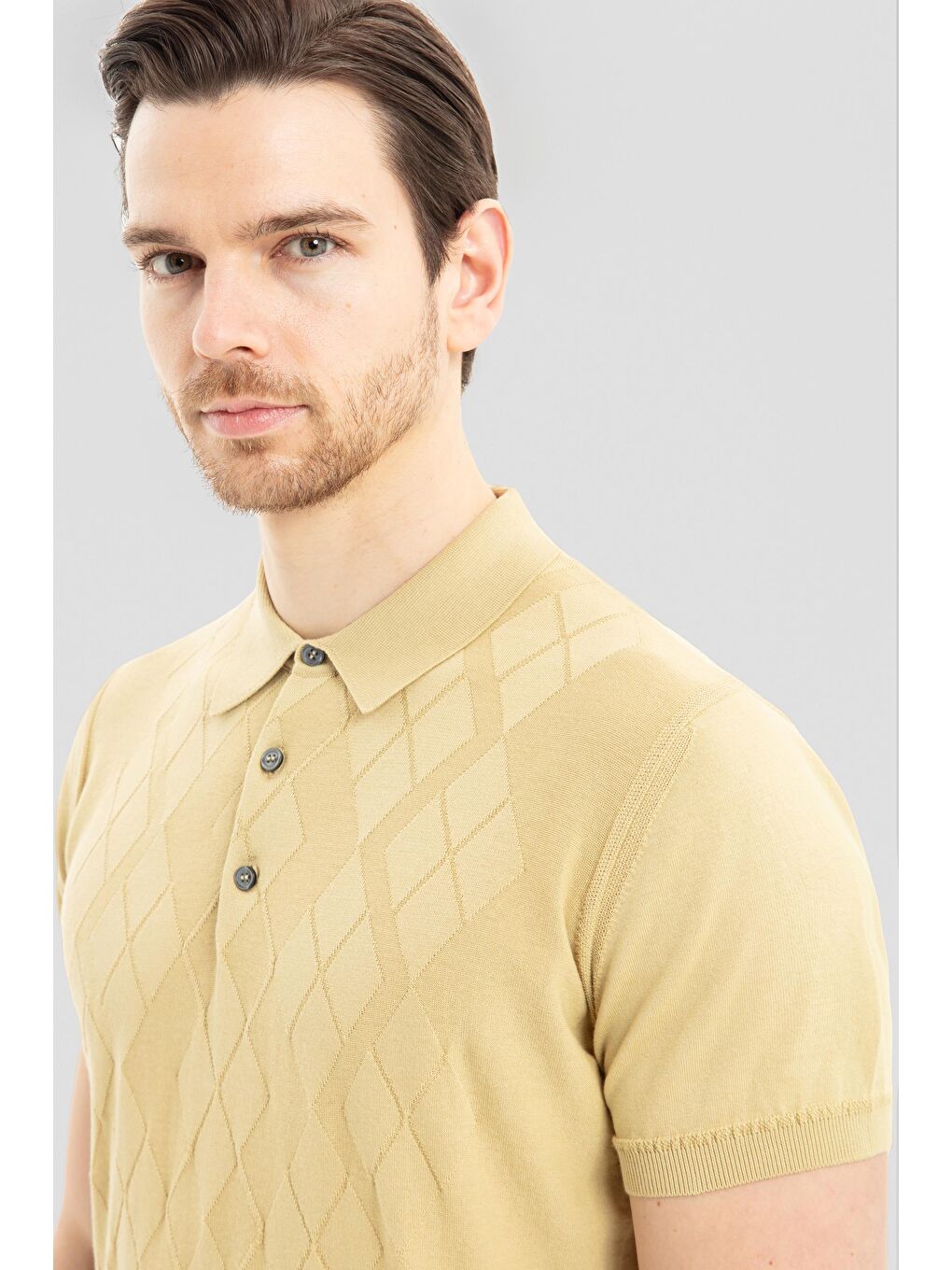 Turkuaz Erkek Camel Slim Fit %100 Pamuk Desenli Triko Polo Yaka Tişört-3