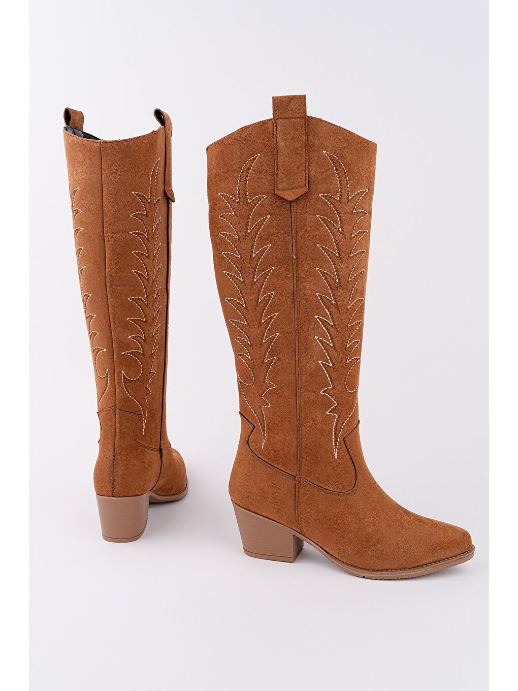 Kahverengi TEXAS Sivri Burun Nakışlı Kalın Topuklu Kadın Kovboy Western Çizme-1