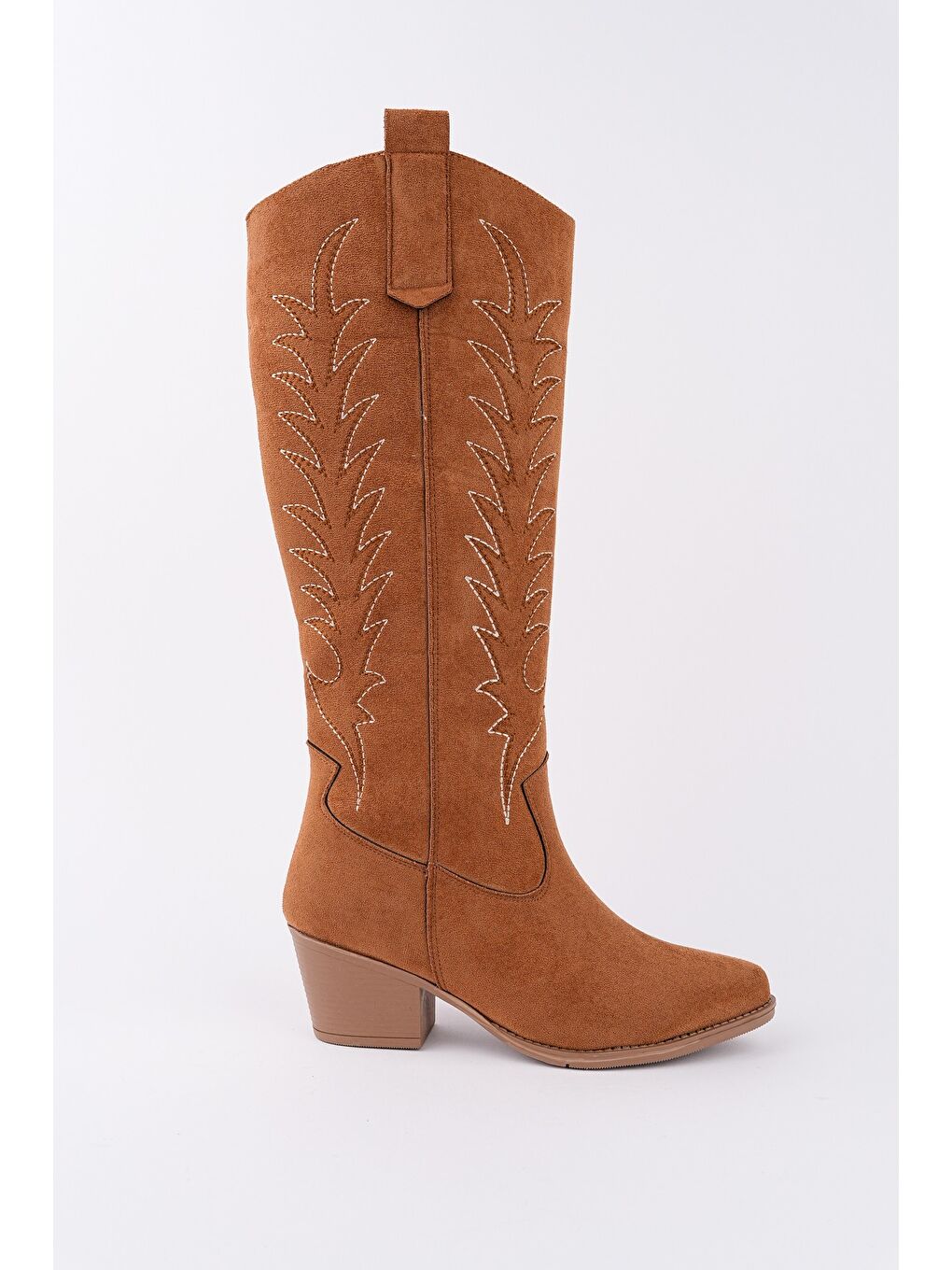 Kahverengi TEXAS Sivri Burun Nakışlı Kalın Topuklu Kadın Kovboy Western Çizme-2