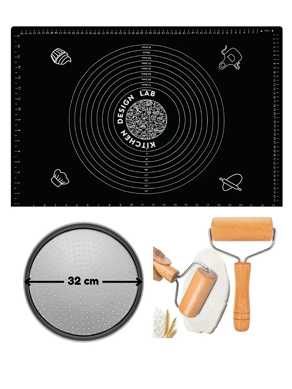 Kitchen Design Lab Siyah Silikon Hamur Açma Matı 45 X 65 Cm, 32 Cm Pizza Tepsisi Ve Ahşap Saplı Hamur Açıcı