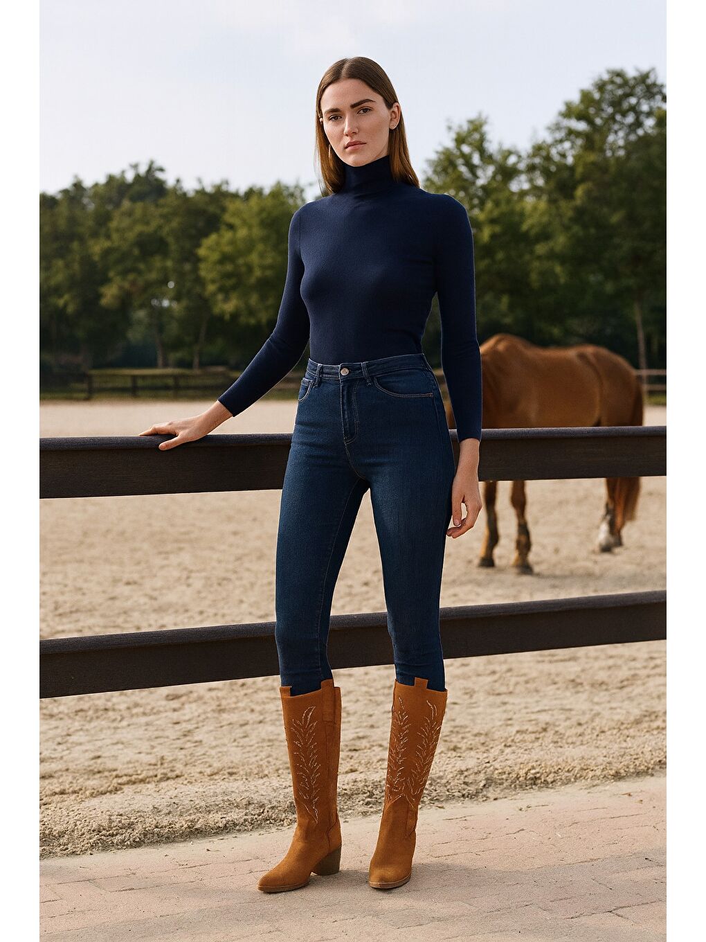 Kahverengi TEXAS Sivri Burun Nakışlı Kalın Topuklu Kadın Kovboy Western Çizme-3