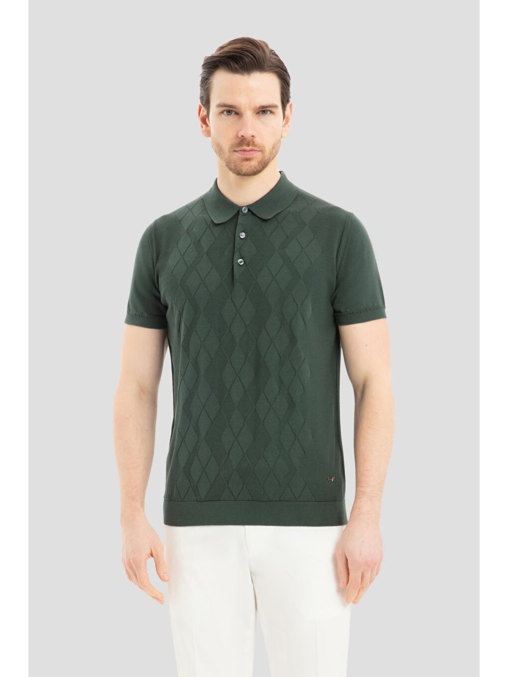 Erkek Yeşil Slim Fit %100 Pamuk Desenli Triko Polo Yaka Tişört