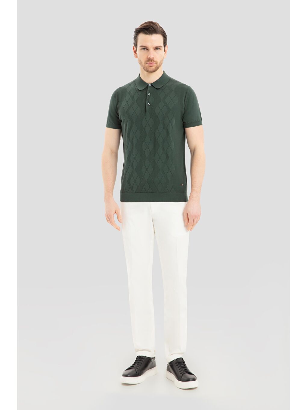 Erkek Yeşil Slim Fit %100 Pamuk Desenli Triko Polo Yaka Tişört-1