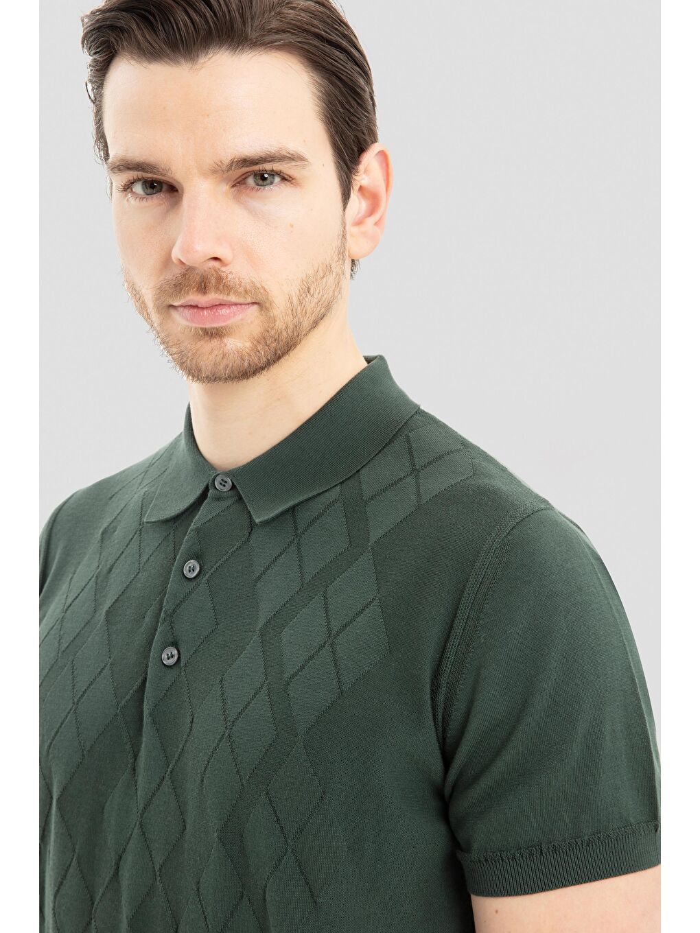 Erkek Yeşil Slim Fit %100 Pamuk Desenli Triko Polo Yaka Tişört-3