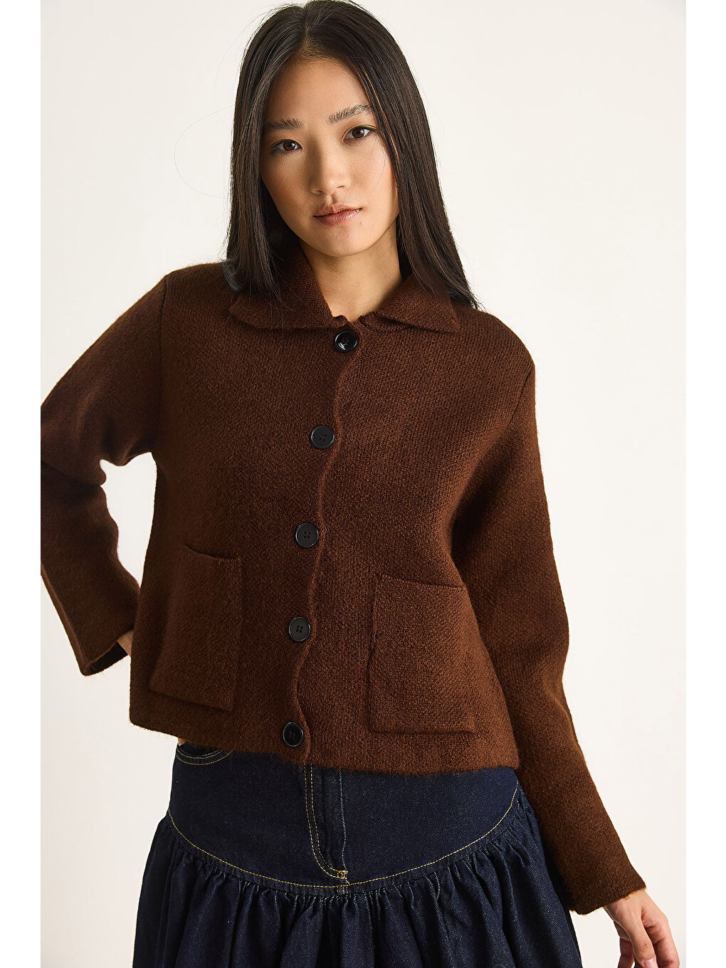 Kahverengi Kadın Cepli Hırka-2