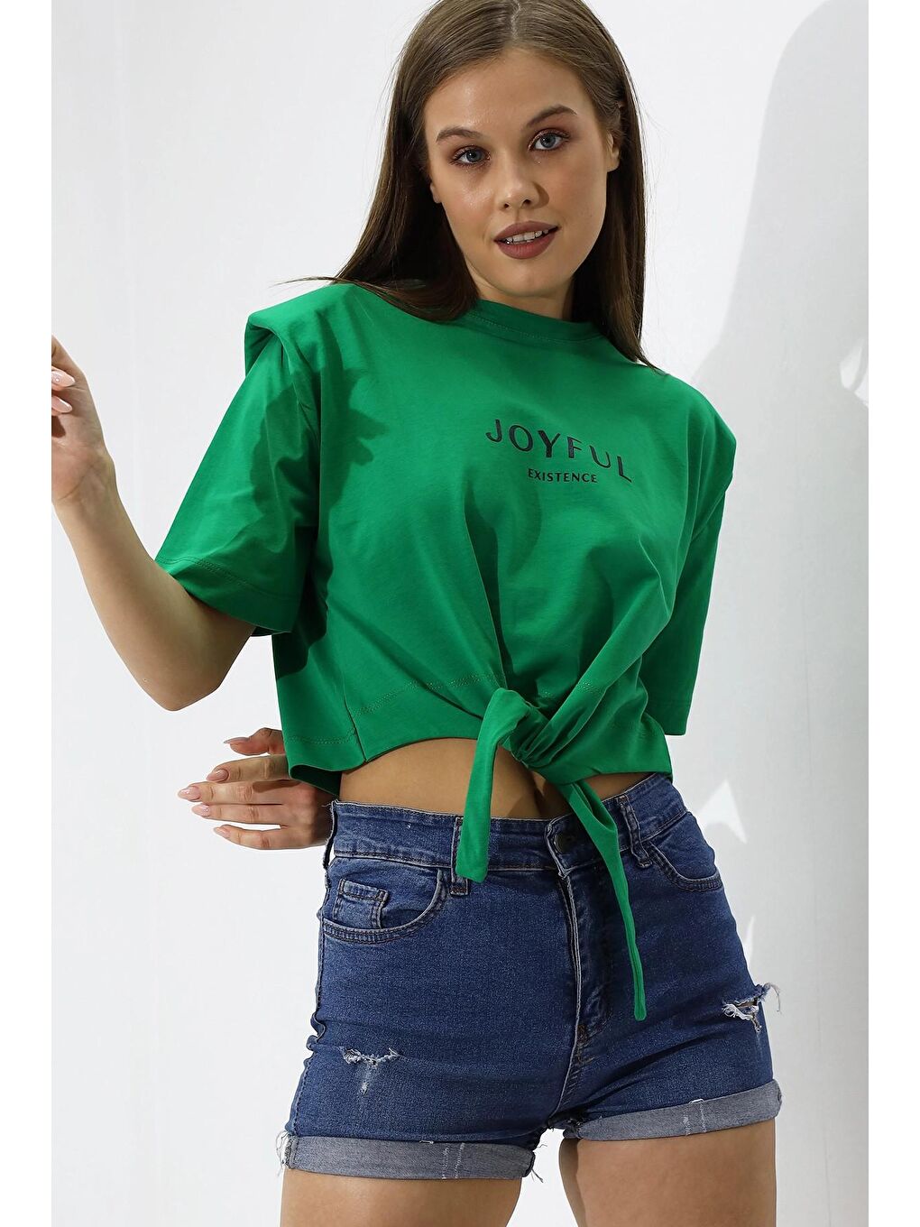 hazelin Yeşil Kadın Yeşil Yazı Baskılı Oversize Vatkalı Bel Detay Örme T-Shirt HZL23S-DSB120231 - 1