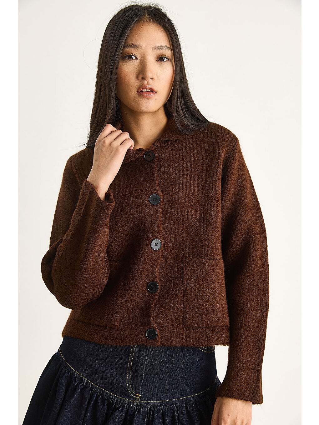 Kahverengi Kadın Cepli Hırka-3