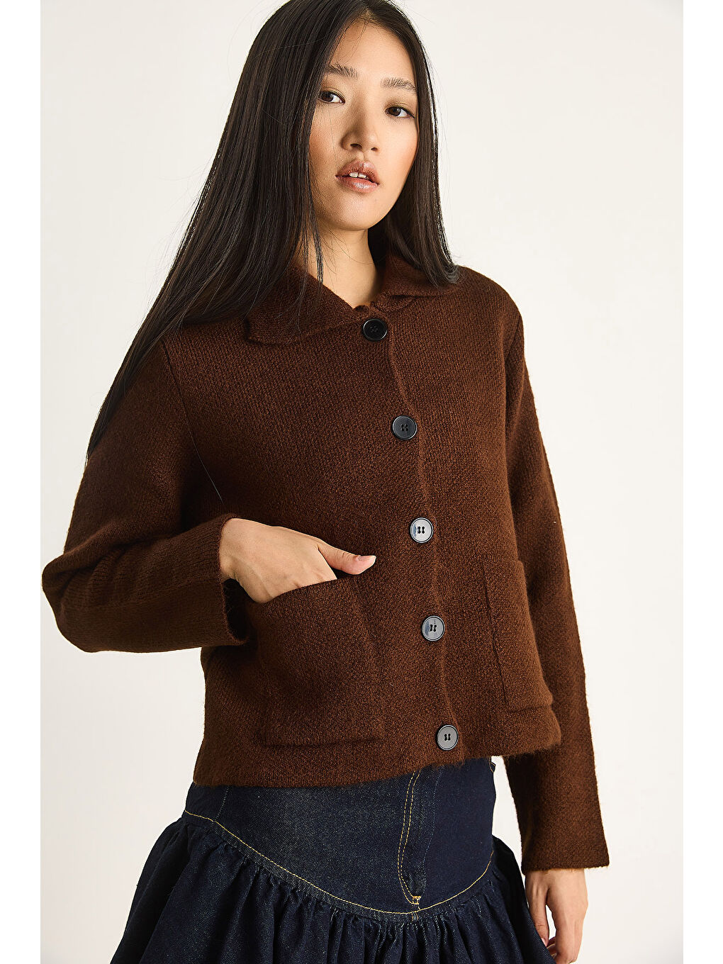 Kahverengi Kadın Cepli Hırka-4