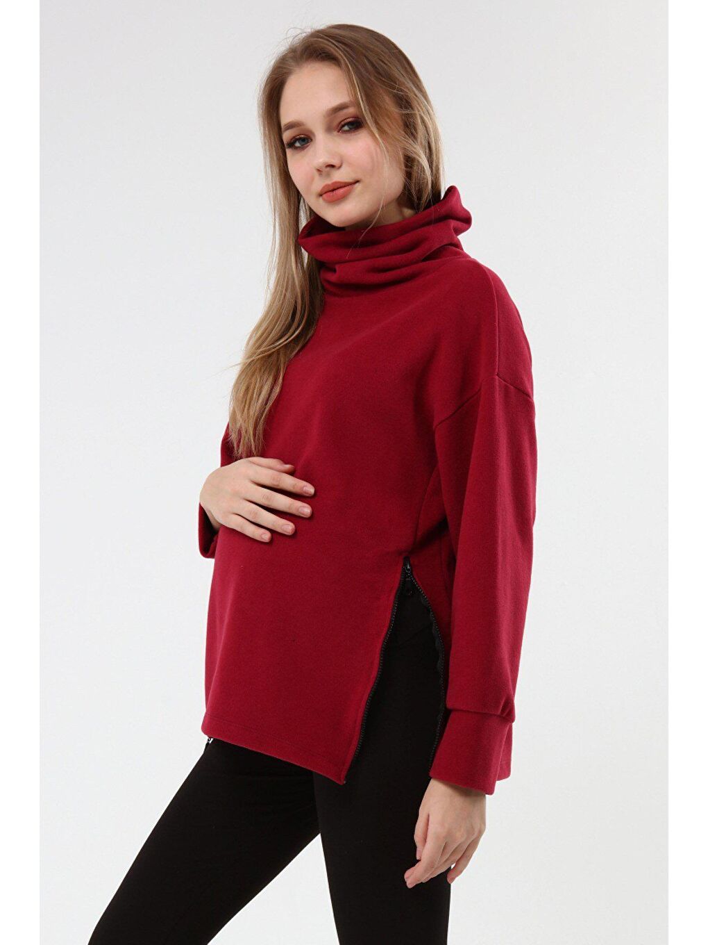 Luvmabelly Bordo Boğazlı Uzun Kollu Kadın Hamile Sweatshirt