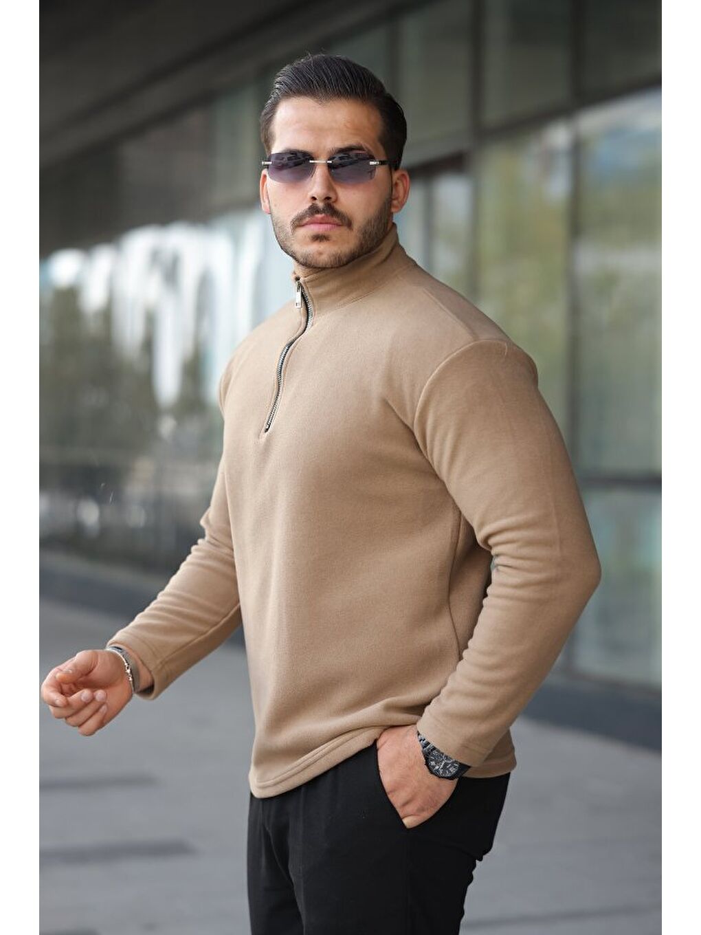 Kahverengi Erkek Zip Yaka Polar Sweat-1