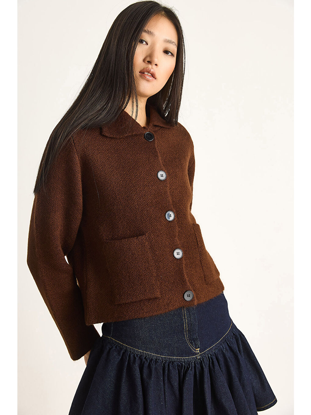 Kahverengi Kadın Cepli Hırka-5