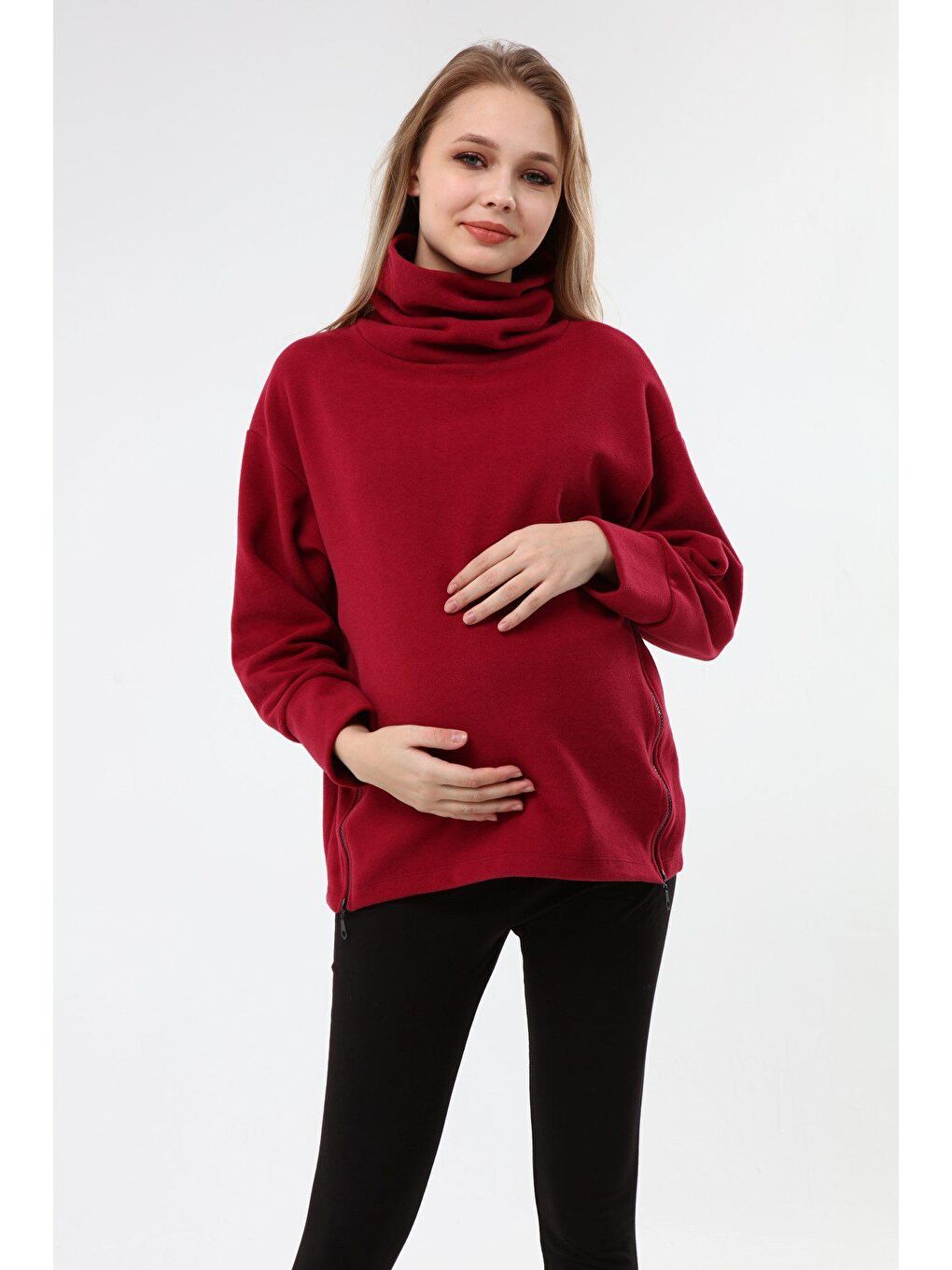 Luvmabelly Bordo Boğazlı Uzun Kollu Kadın Hamile Sweatshirt - 1