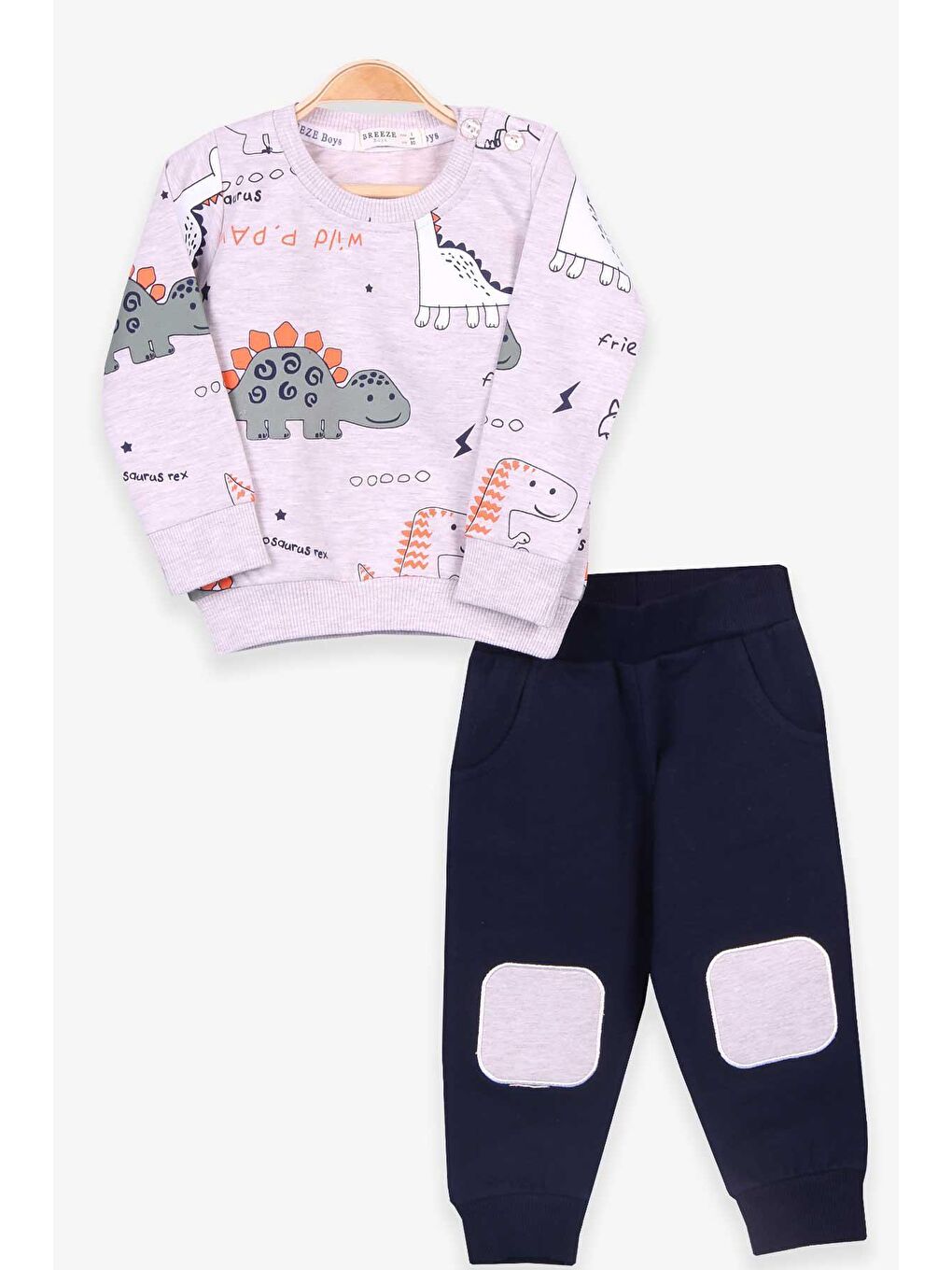 Erkek Bebek Eşofman Takımı Dinozor Baskılı Bej Melanj (9 Ay-1 Yaş)