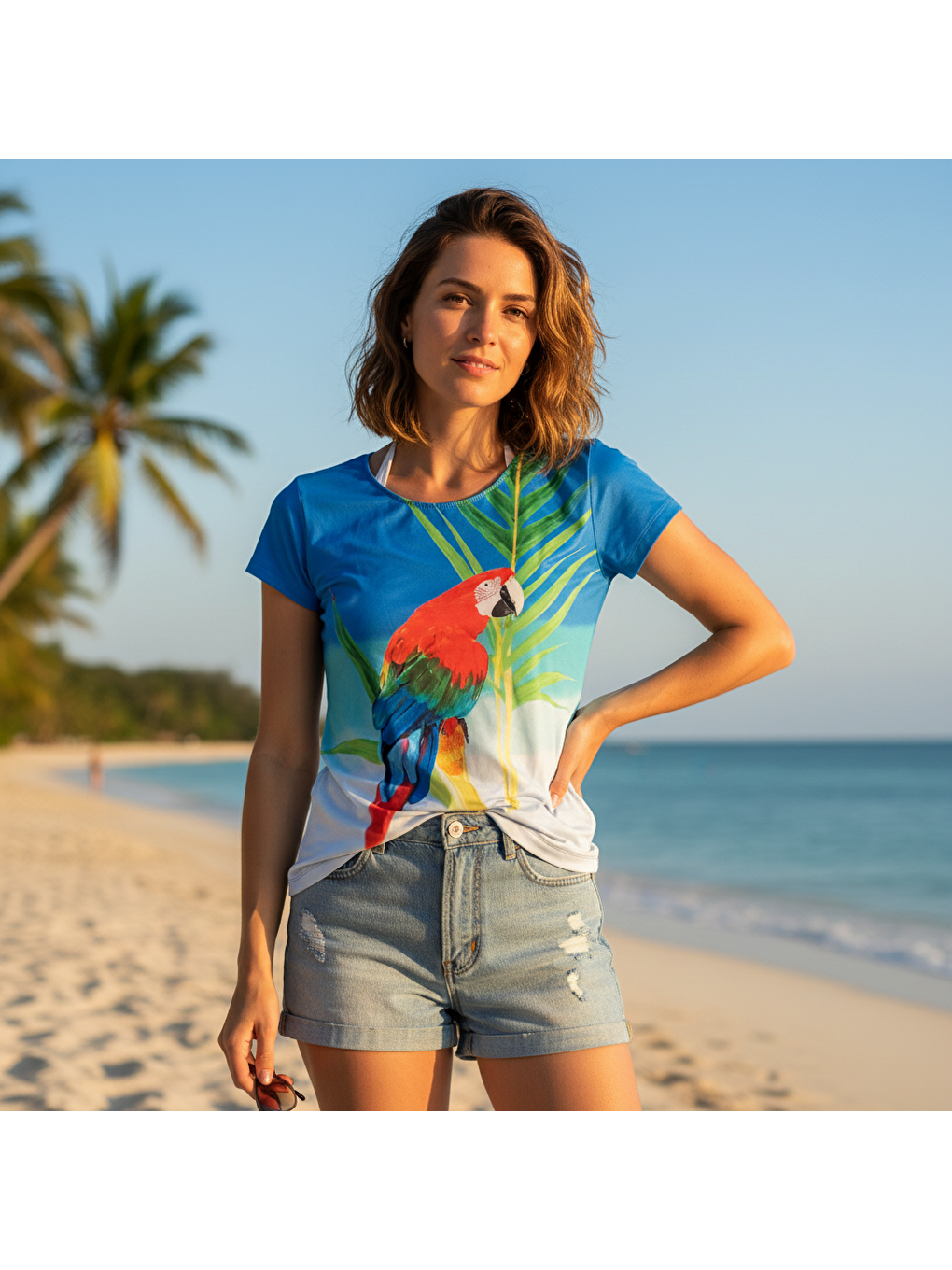 Kadın Plaj Giyim Mavi Renk Baskılı Kısa Kollu Tshirt Bb2727