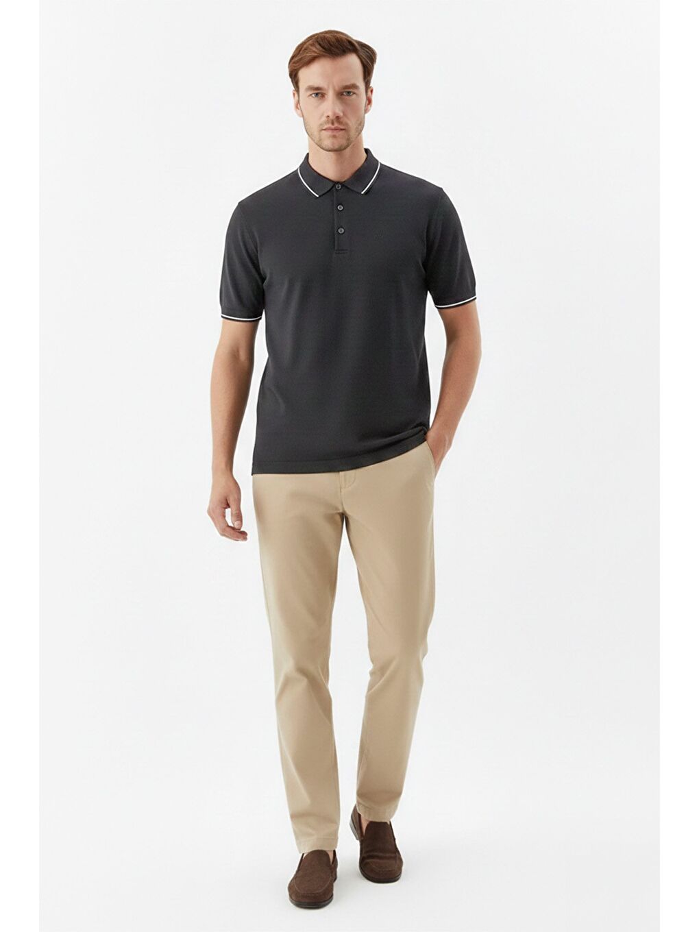 Erkek Antrasit Slim Fit %100 Pamuk Jakarlı Triko Polo Yaka Tişört-4