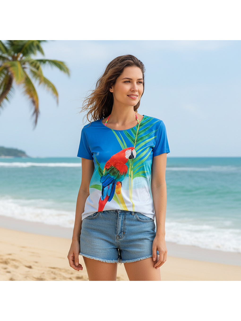 Kadın Plaj Giyim Mavi Renk Baskılı Kısa Kollu Tshirt Bb2727-1