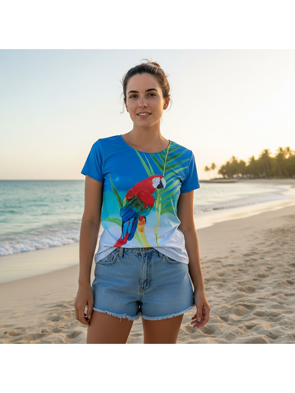 Kadın Plaj Giyim Mavi Renk Baskılı Kısa Kollu Tshirt Bb2727-2