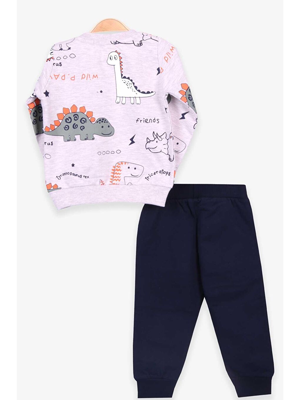 Erkek Bebek Eşofman Takımı Dinozor Baskılı Bej Melanj (9 Ay-1 Yaş)-1