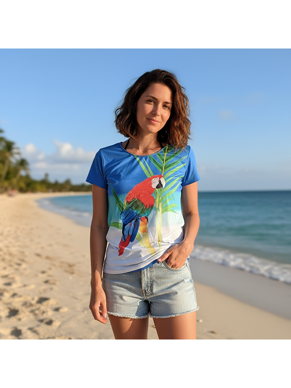 Kadın Plaj Giyim Mavi Renk Baskılı Kısa Kollu Tshirt Bb2727-3
