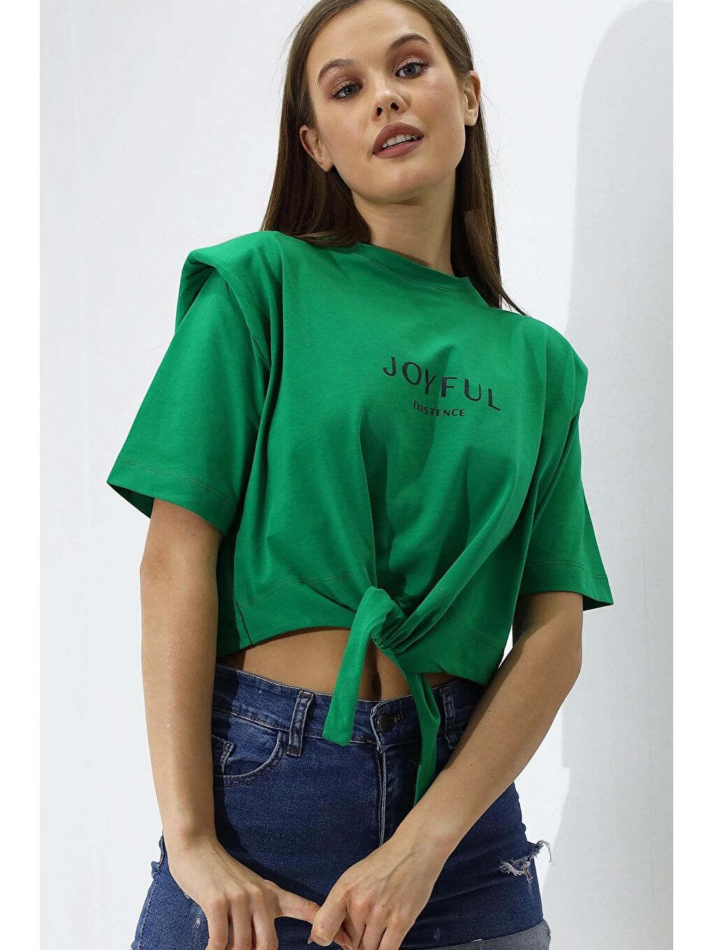 hazelin Yeşil Kadın Yeşil Yazı Baskılı Oversize Vatkalı Bel Detay Örme T-Shirt HZL23S-DSB120231 - 3