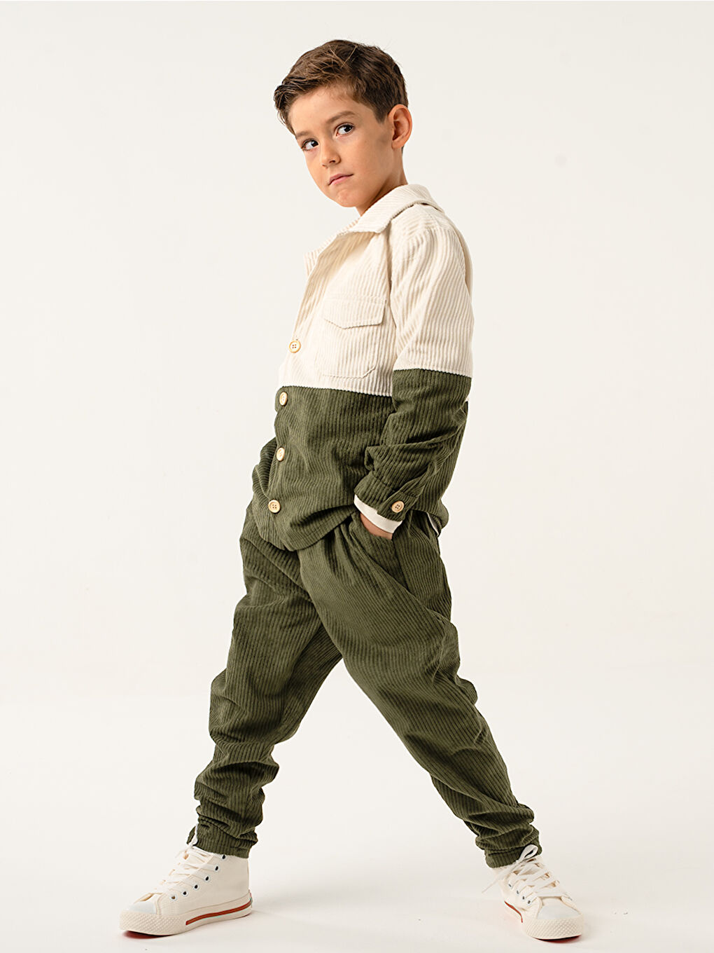 Erkek Çocuk Krem Haki Kadife Retro Pantolon Gömlek Takım-1