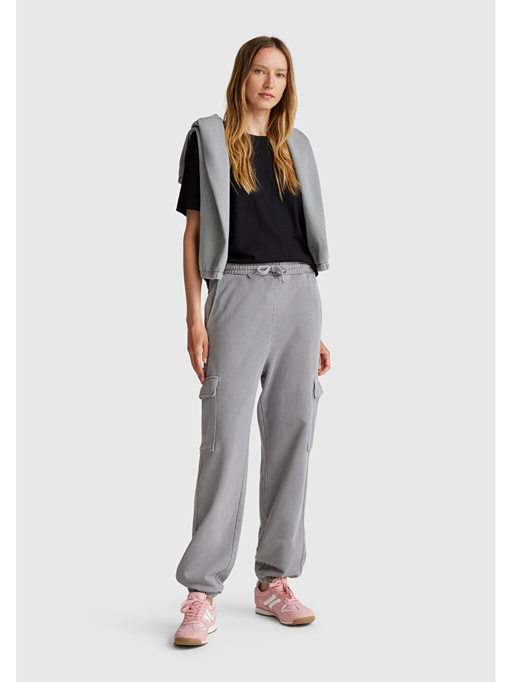Kadın Antrasit %100 Pamuk Beli İpli Relax Fit Kargo Eşofman Altı-4