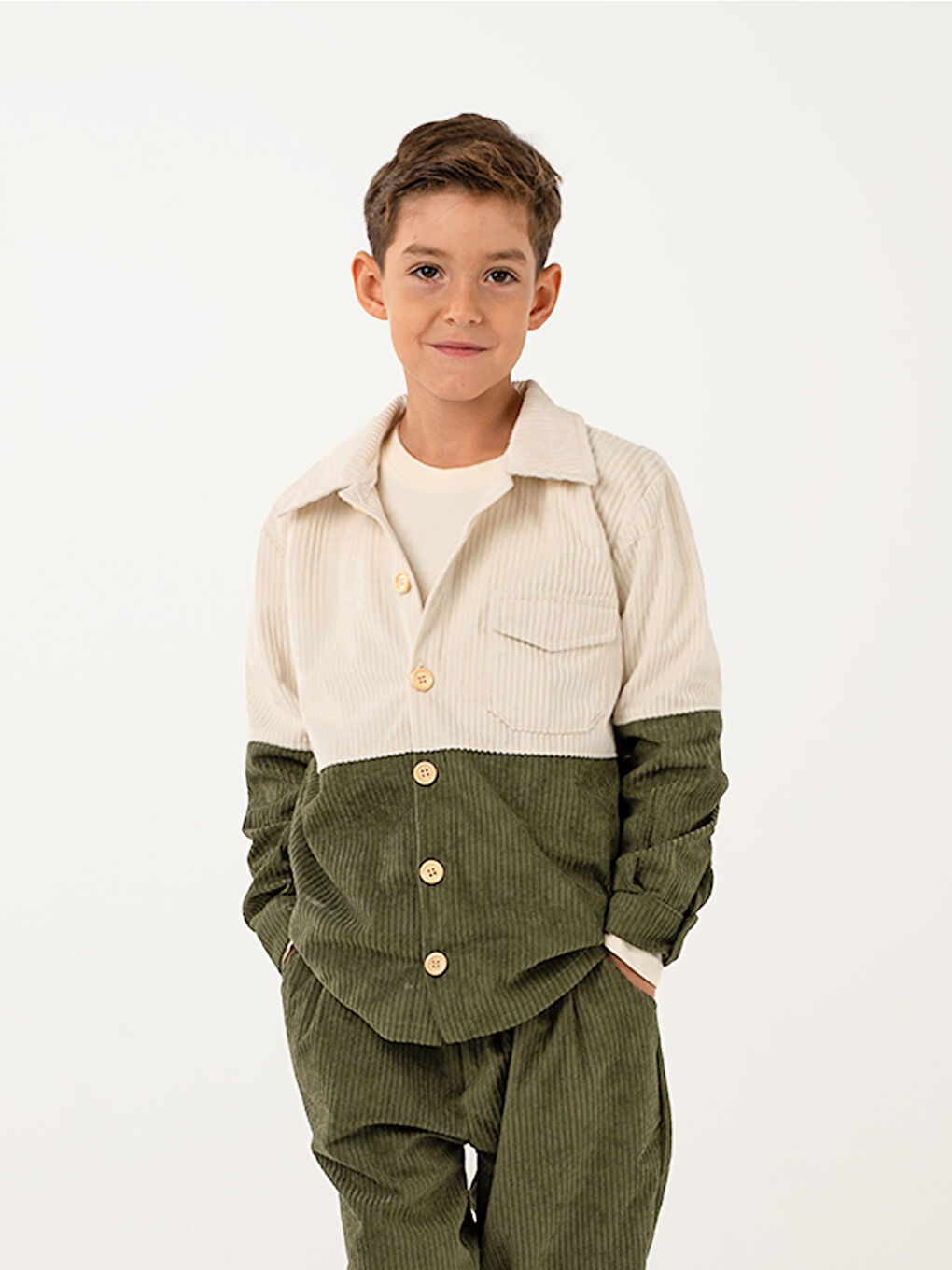 Erkek Çocuk Krem Haki Kadife Retro Pantolon Gömlek Takım-2