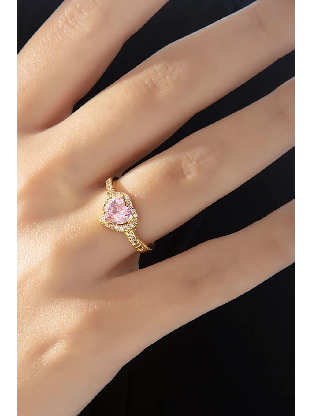 Aurrari Sarı Gold Pembe Zirkon Kalpli  Yüzük - 1