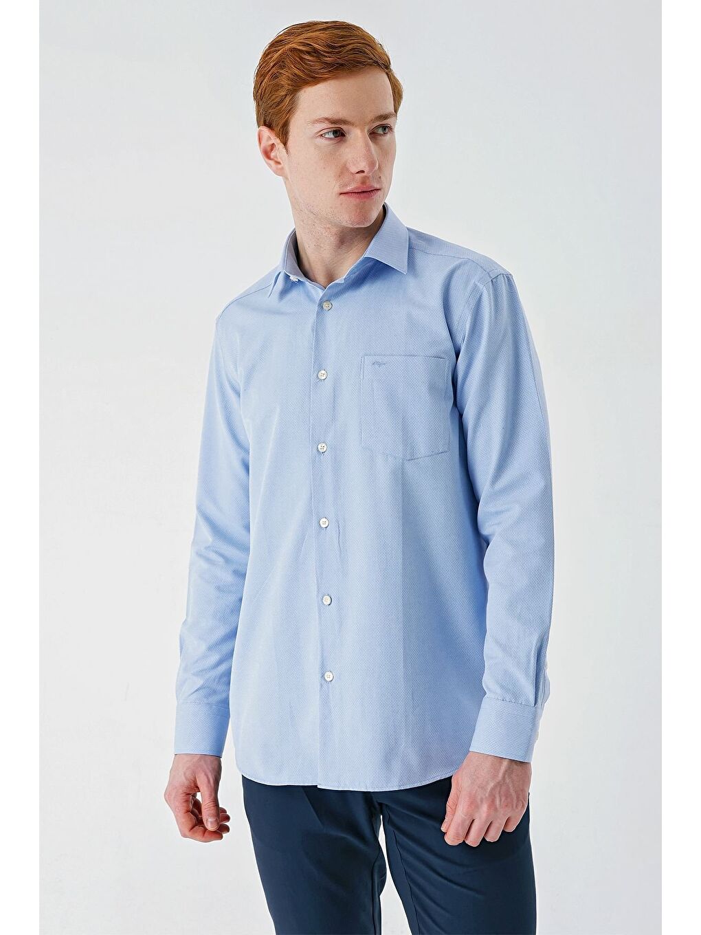 Mavi Uzun Kollu Desenli Armürlü Sert Yaka Pamuklu Klasik Comfort Rahat Kesim Gömlek 1004240190-1