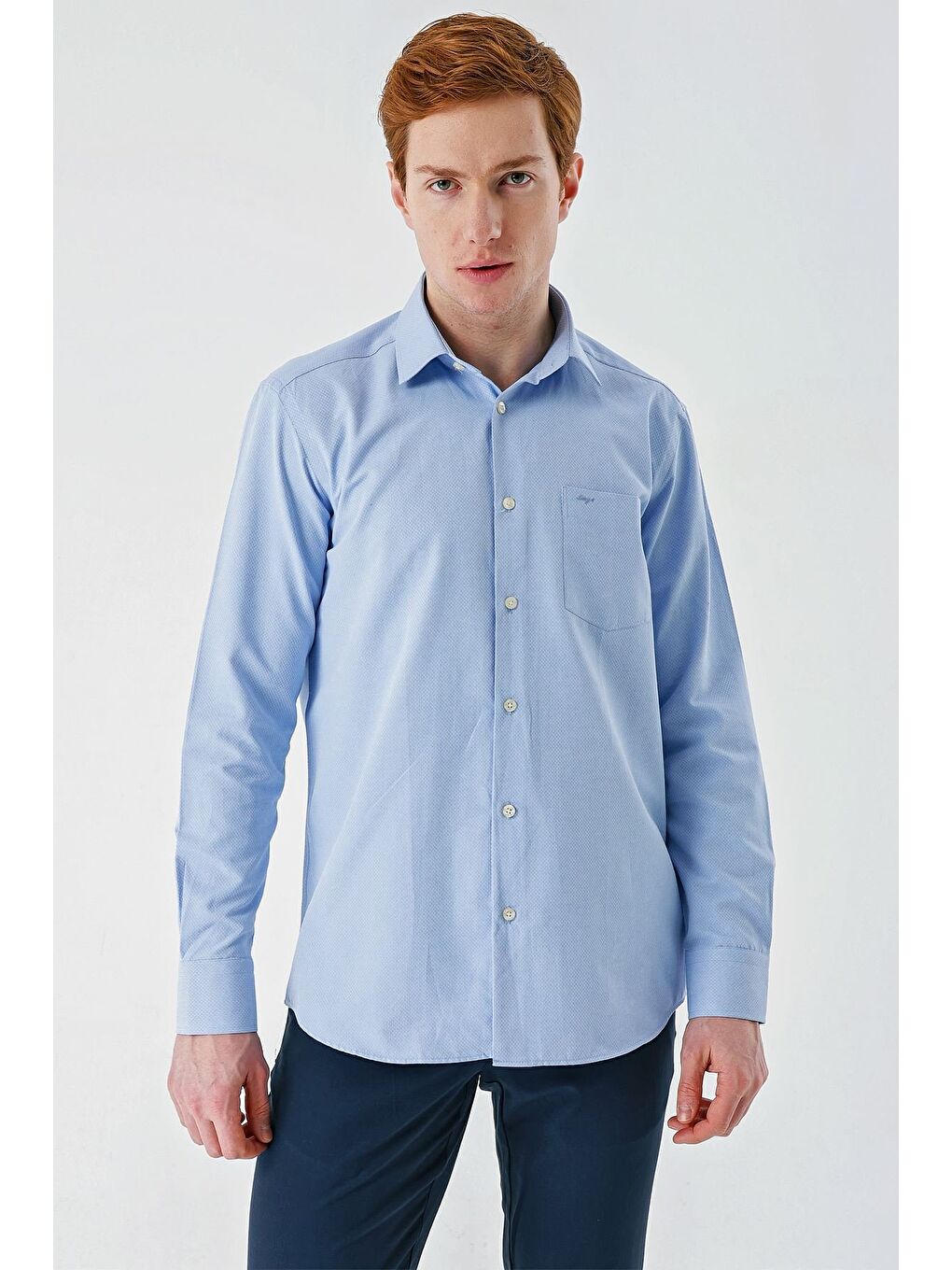 Mavi Uzun Kollu Desenli Armürlü Sert Yaka Pamuklu Klasik Comfort Rahat Kesim Gömlek 1004240190-2