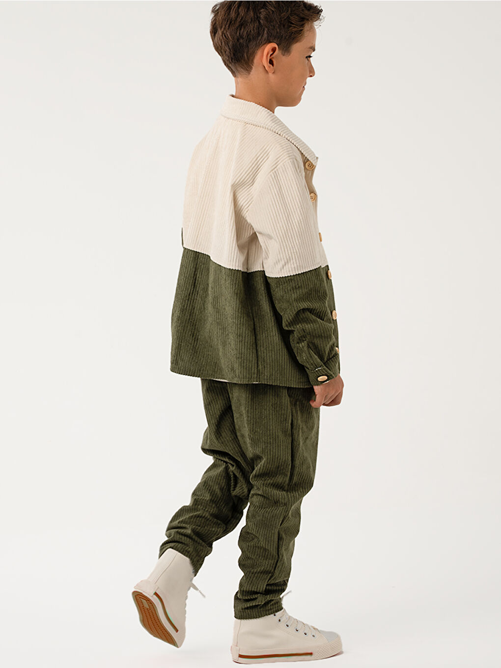 Erkek Çocuk Krem Haki Kadife Retro Pantolon Gömlek Takım-4
