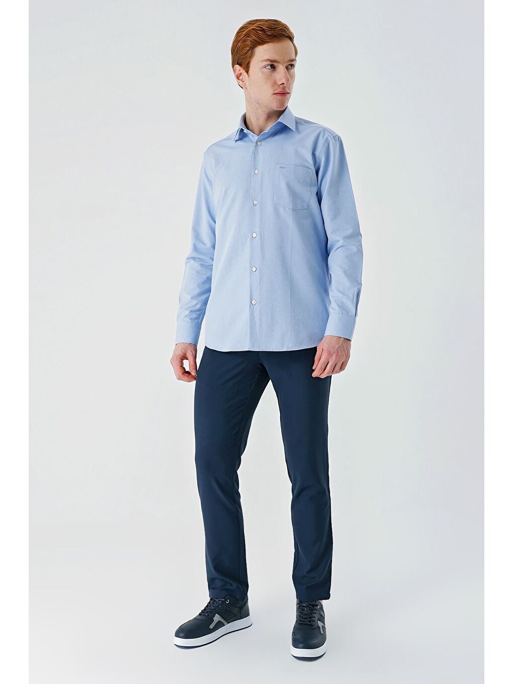 Mavi Uzun Kollu Desenli Armürlü Sert Yaka Pamuklu Klasik Comfort Rahat Kesim Gömlek 1004240190-3