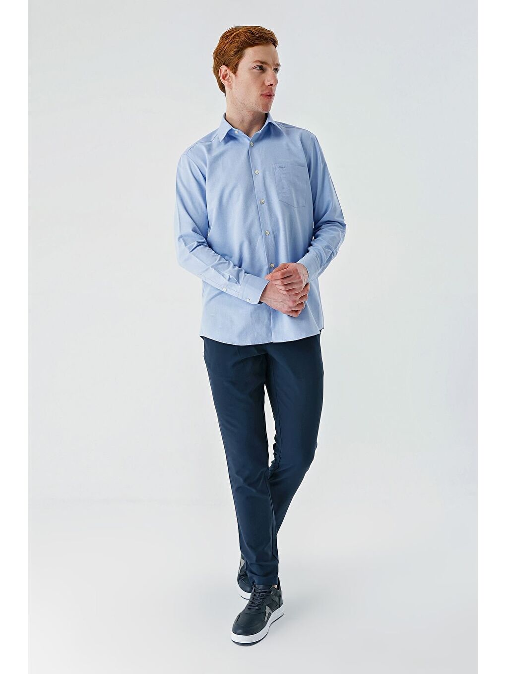 Mavi Uzun Kollu Desenli Armürlü Sert Yaka Pamuklu Klasik Comfort Rahat Kesim Gömlek 1004240190-4