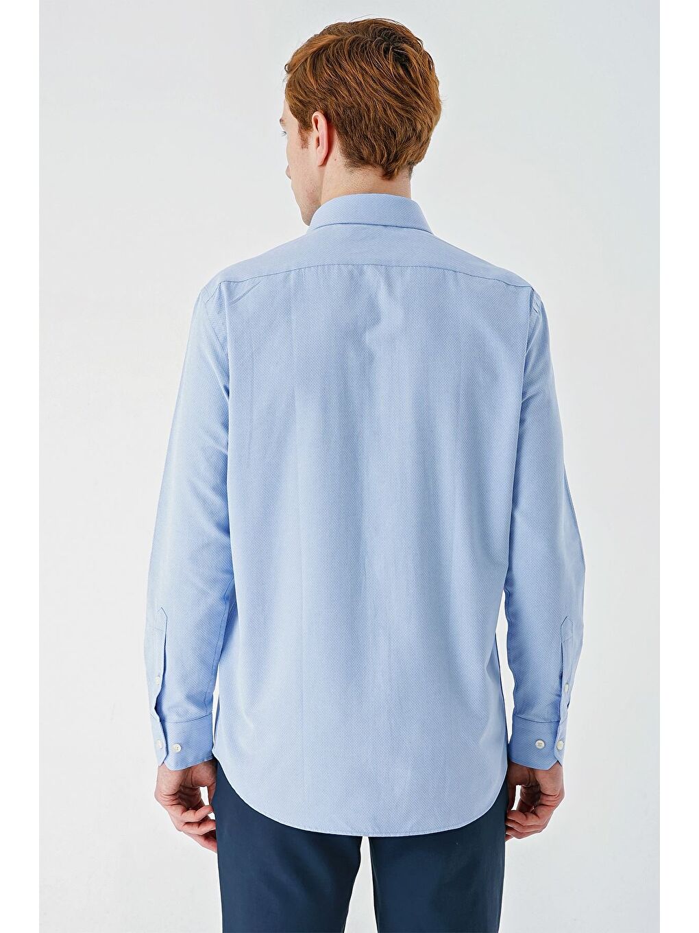 Mavi Uzun Kollu Desenli Armürlü Sert Yaka Pamuklu Klasik Comfort Rahat Kesim Gömlek 1004240190-5