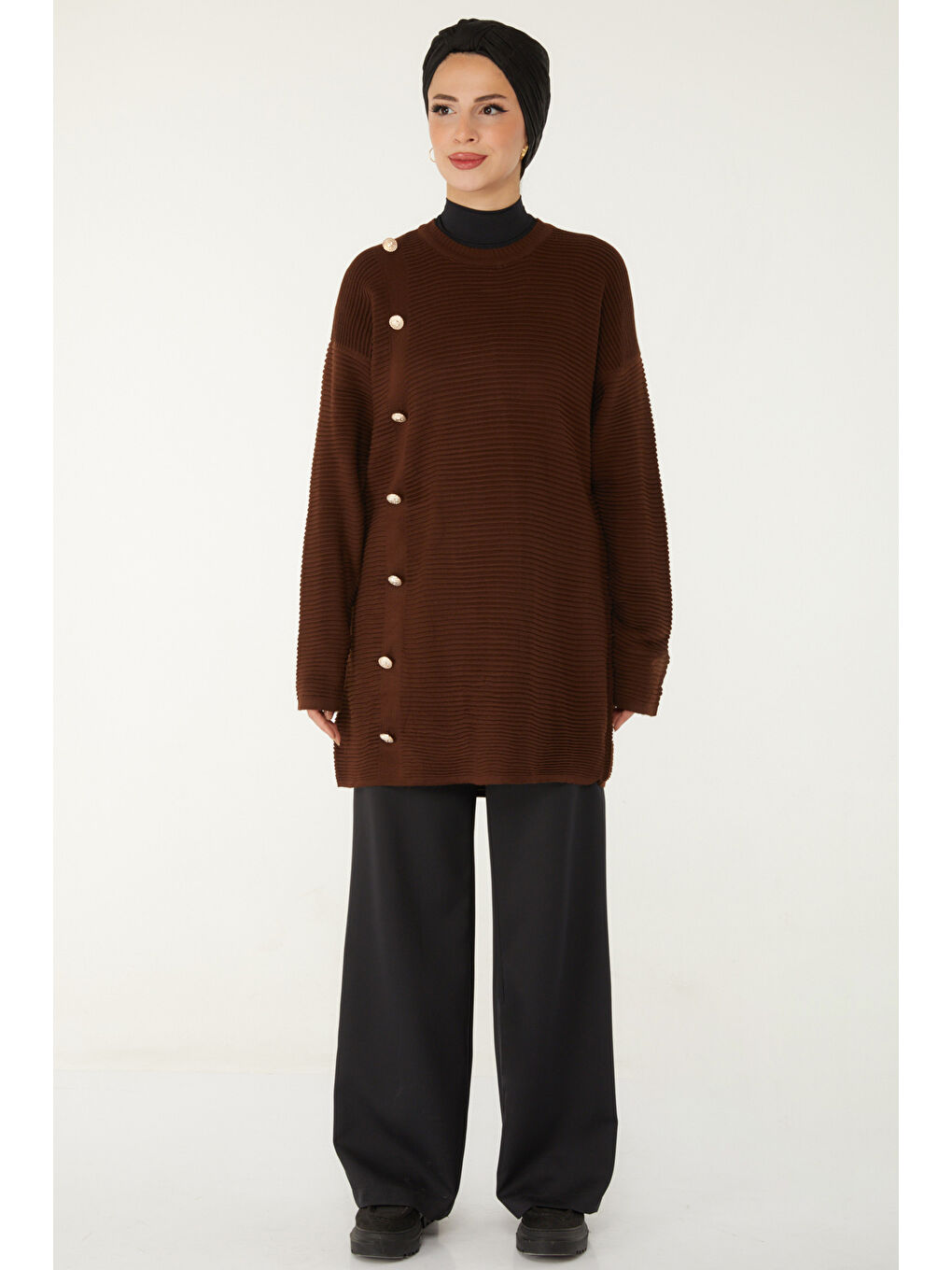 Kahverengi Fitilli Düğmeli Triko Kazak Kahve - 27636-1